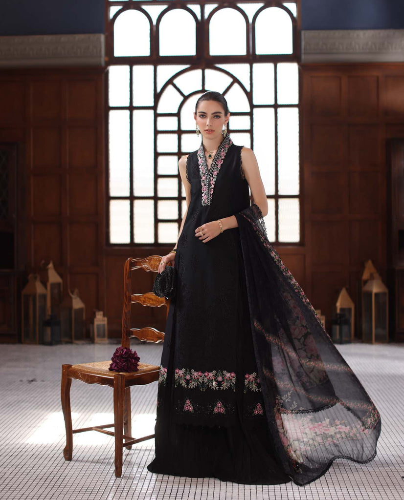 Saadia Asad Eid Luxury Schiffli Laserkari Lawn – D7- Black