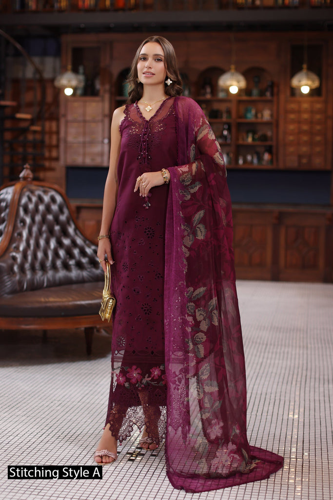 Saadia Asad Eid Luxury Schiffli Laserkari Lawn – D12- Plum