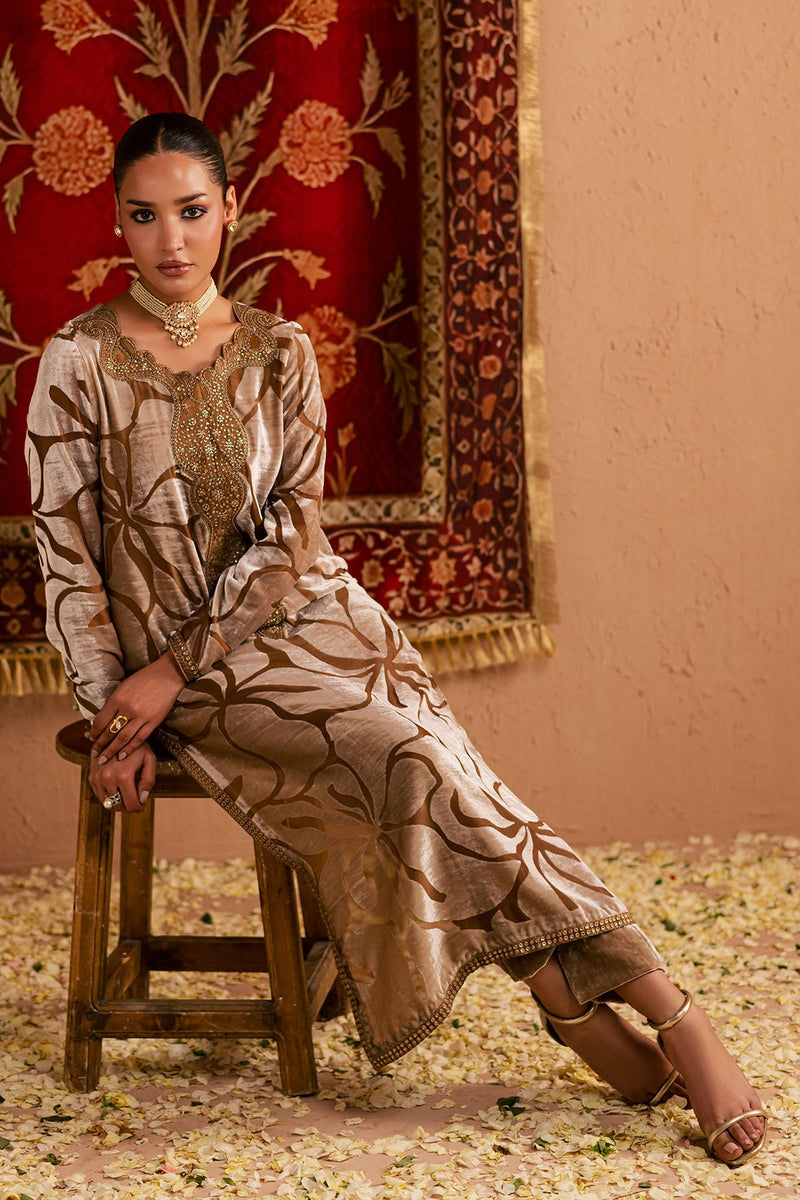 Beige Palachi Velvet Pakistani Suit with Embroidery | Nureh Winter ...