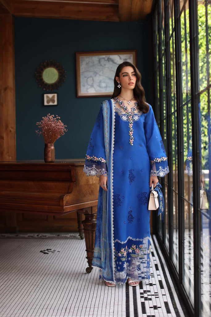 Saadia Asad Eid Luxury Schiffli Laserkari Lawn – D4- Ink Blue
