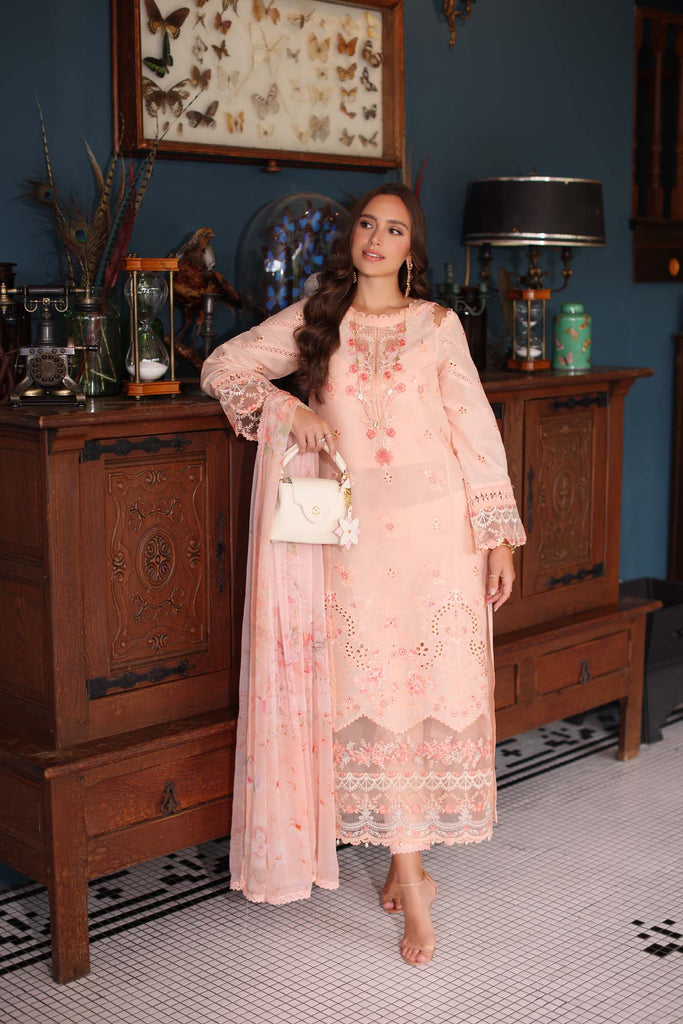 Saadia Asad Eid Luxury Schiffli Laserkari Lawn – D6- Peach
