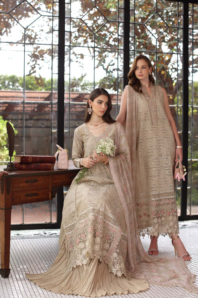 Saadia Asad Eid Luxury Schiffli Laserkari Lawn – D1- Beige