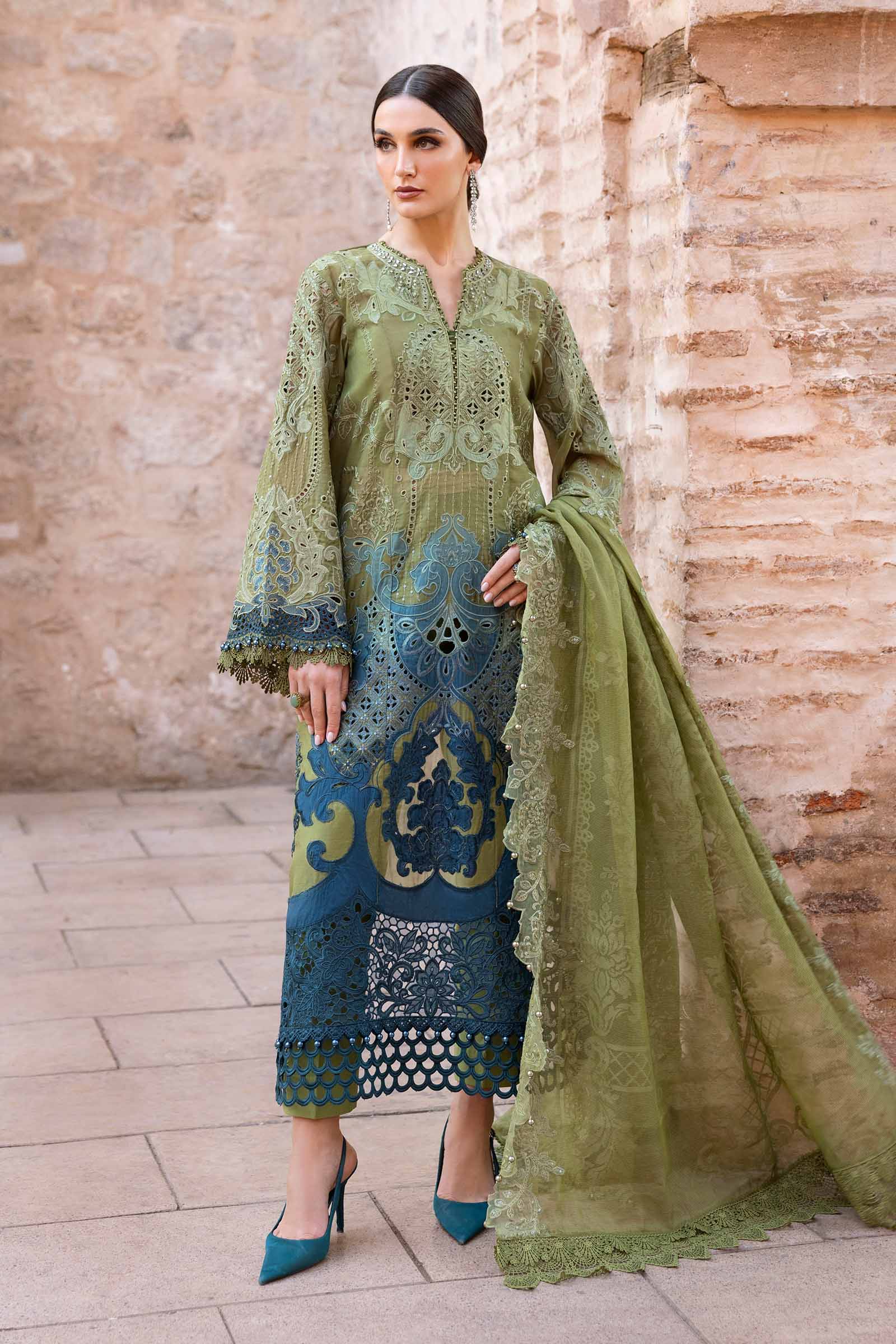 MARIA.B Luxury Lawn Olive Green Pakistani Suit D-2501-A