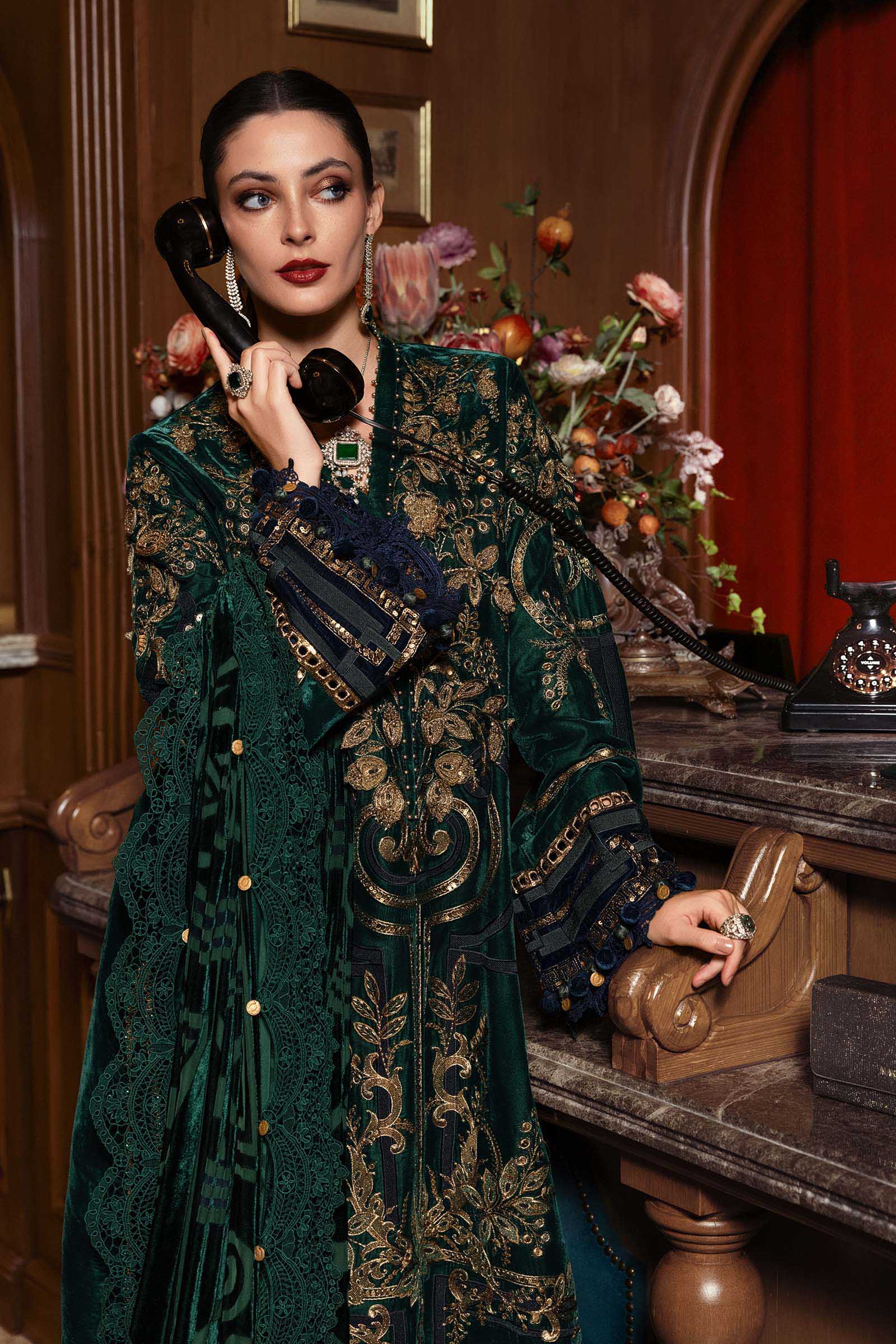 Emerald Green Embroidered Velvet Pakistani Suit | Maria.B Winter Wedding & Mehndi Dress YourLibaas UAE Emerald Green Embroidered Velvet Pakistani Suit | Maria.B Winter Wedding & Mehndi Dress YourLibaas UAE