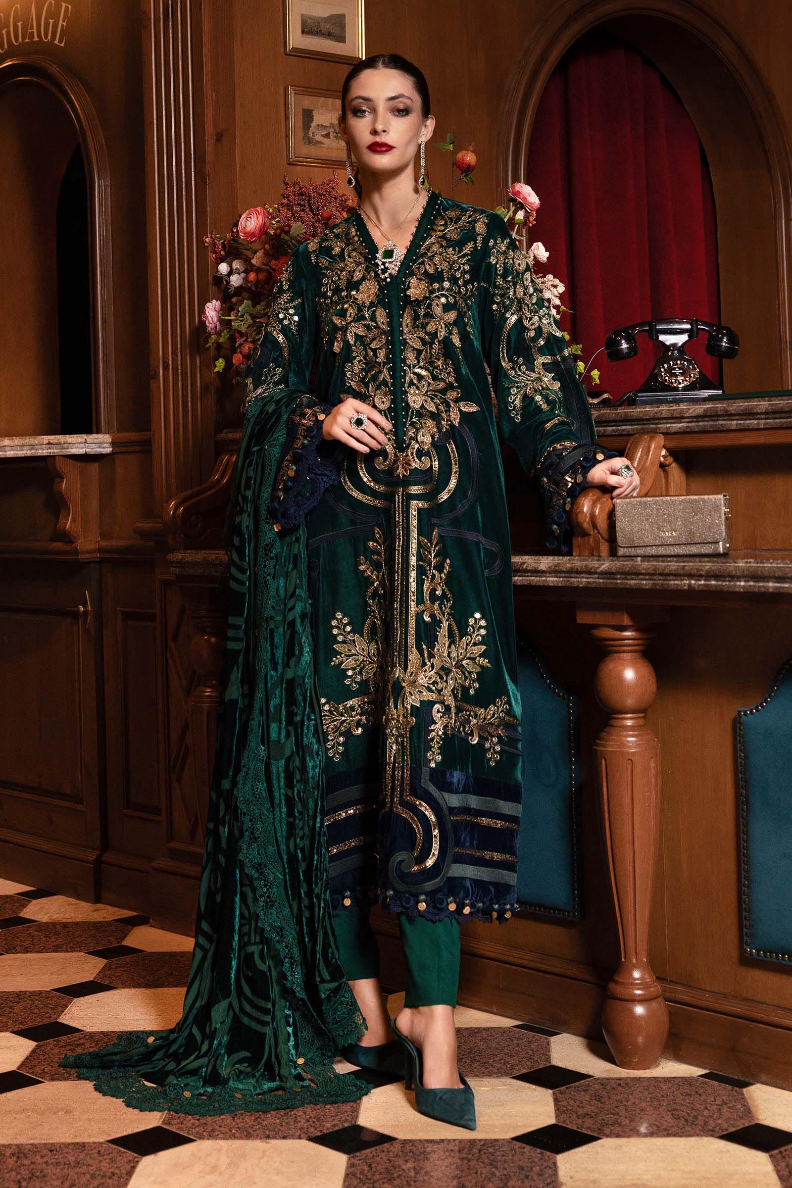 Emerald Green Embroidered Velvet Pakistani Suit | Maria.B Winter Wedding & Mehndi Dress YourLibaas UAE Emerald Green Embroidered Velvet Pakistani Suit | Maria.B Winter Wedding & Mehndi Dress YourLibaas UAE