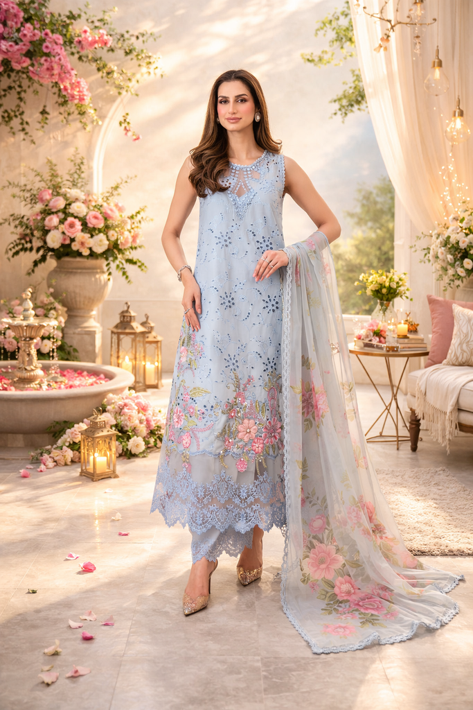 Saadia Asad Luxury Eid Schiffli Laserkari Lawn – D10 - B - Roselle