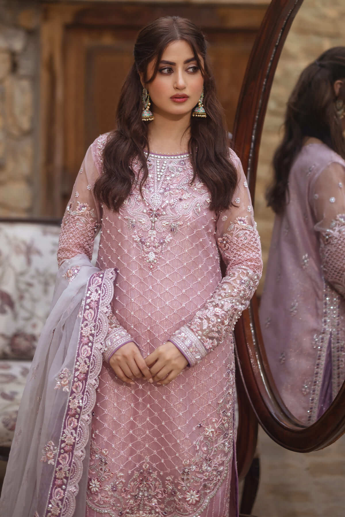 sajal ali pink dress Sajal Aly Pink Embroidered Organza Pakistani Bridal Suit