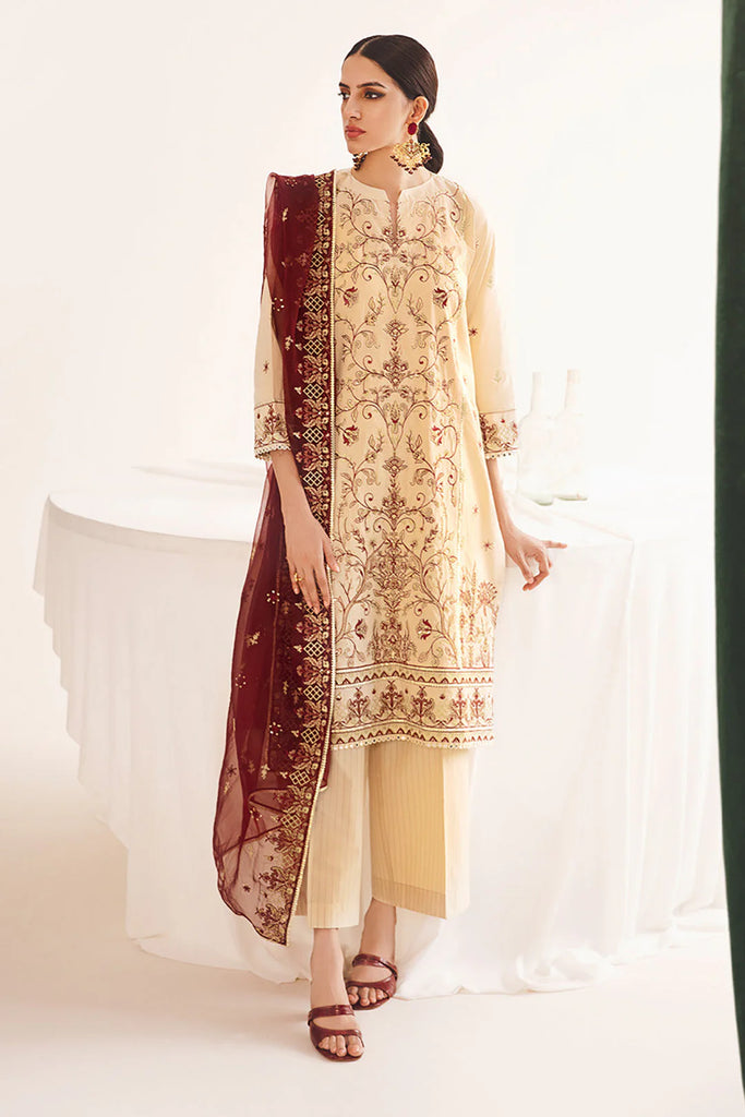 Zellbury Luxury Collection – Embroidered Shirt Shalwar Dupatta - Beige - Dobby Suit-0301 WULC23E30301