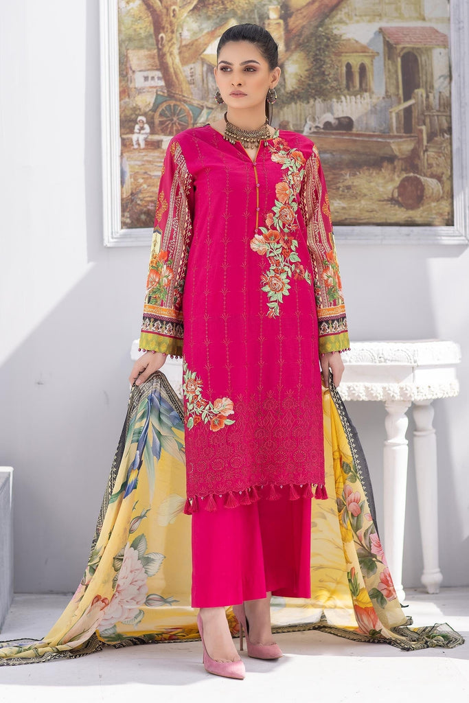 Guzarish by Zebaish · Stitched Printed & Embroidered Lawn Suit – Shocking Pink - D09