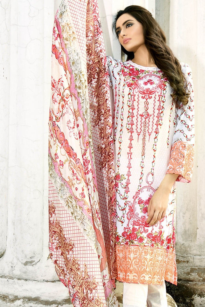 Gul Ahmed Summer 2017 - Off White 3 PC Embroidered Trencia Satin Silk Dress SS-135