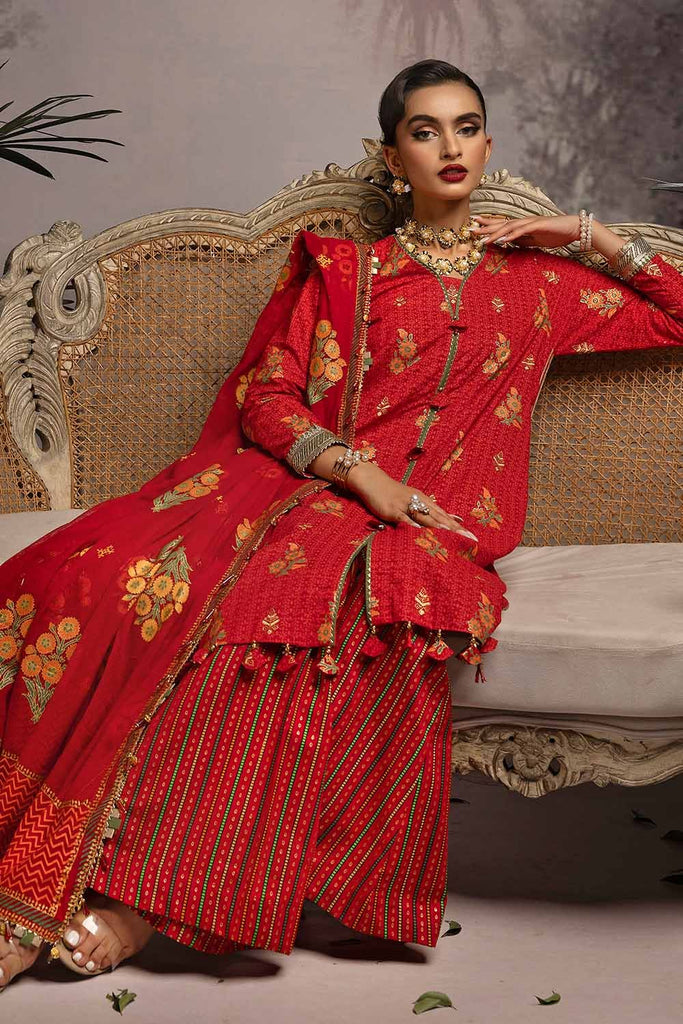 Gul Ahmed Maharani Muse – 3PC Embroidered Gold and Lacquer Printed Lawn Suit with Cotton Net Dupatta CN-32026