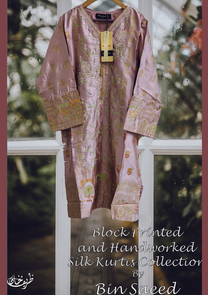 Bin Saeed · Stitched Block Printed & Hand Embellished Silk Tunic Collection – D-11