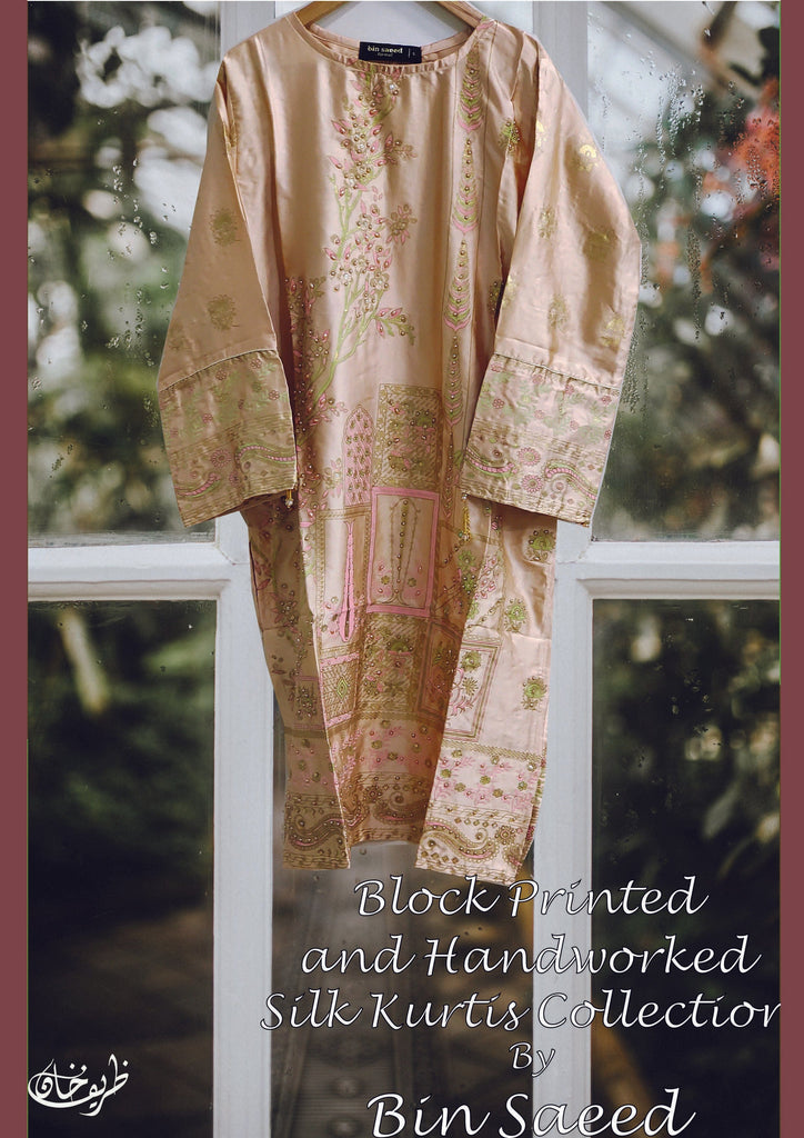 Bin Saeed · Stitched Block Printed & Hand Embellished Silk Tunic Collection – D-30