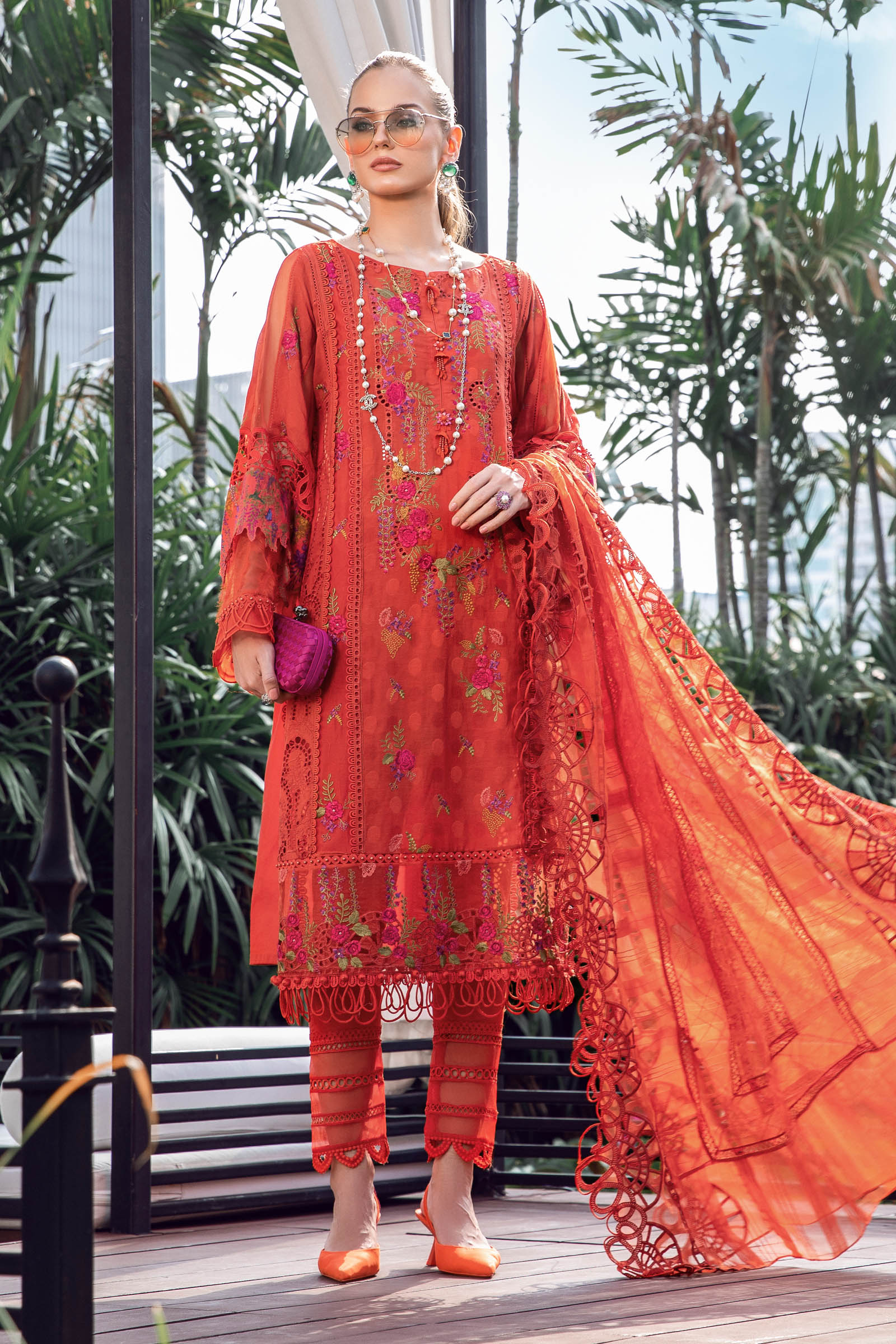 maria b orange dress Stitched MBROIDERED Burnt Orange Fuchsia Pink
