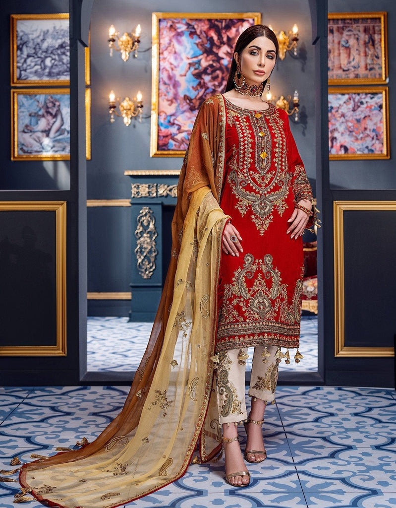 Emaan Adeel Makhmal Luxury Velvet Collection – Luster red (MKH 7)