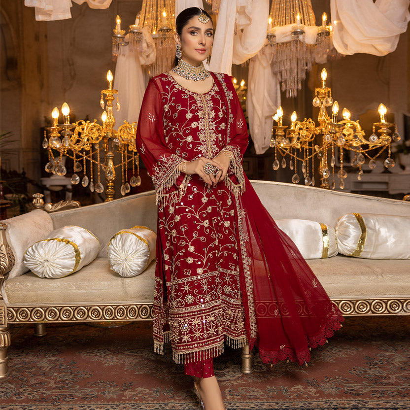 Merakish Luxury Embroidered Chiffon Collection – Red Crimson