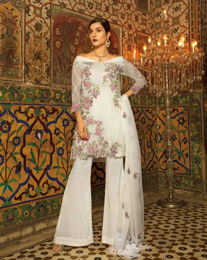 Mah E Rooh Luxury Chiffon Embroidered Formal Collection 2018 – Pearl White (Chantilly Chiffon)