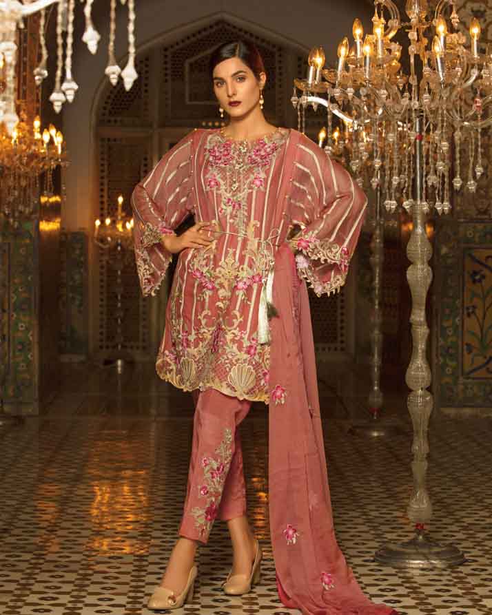 Mah E Rooh Luxury Chiffon Embroidered Formal Collection 2018 – Coral (Chantilly Chiffon)
