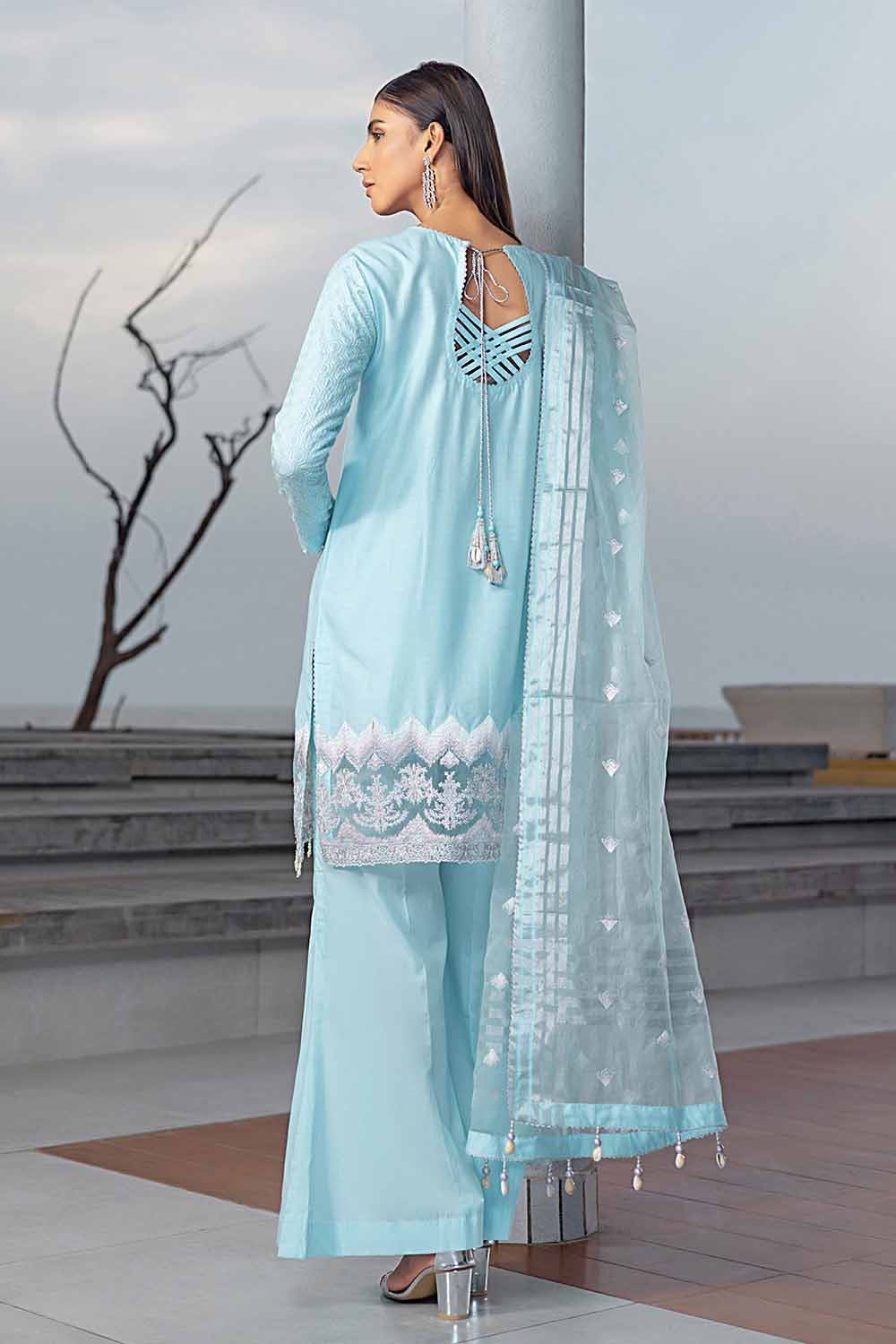 Gul Ahmed Pre-Fall – 3PC Embroiderd Cotton Silk Suit with Embroidered Organza Stripe Dupatta PM-32070