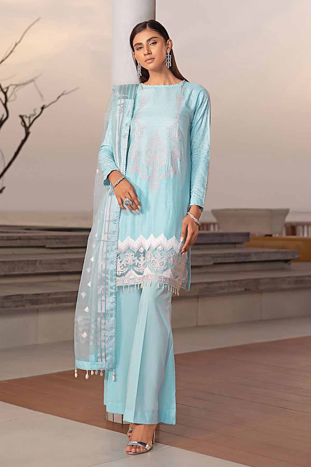 Gul Ahmed Pre-Fall – 3PC Embroiderd Cotton Silk Suit with Embroidered Organza Stripe Dupatta PM-32070