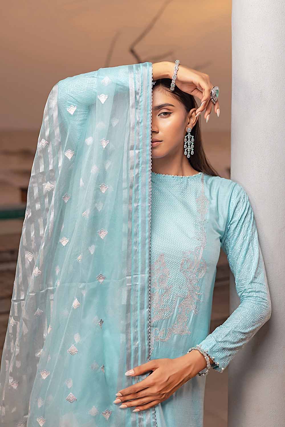 Gul Ahmed Pre-Fall – 3PC Embroiderd Cotton Silk Suit with Embroidered Organza Stripe Dupatta PM-32070