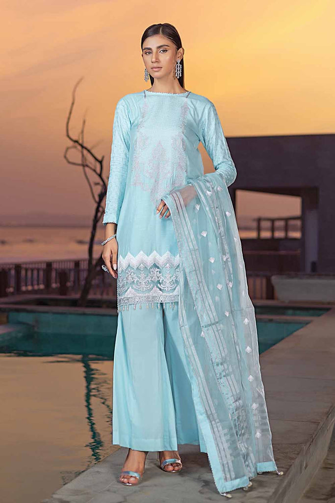 Gul Ahmed Pre-Fall – 3PC Embroiderd Cotton Silk Suit with Embroidered Organza Stripe Dupatta PM-32070