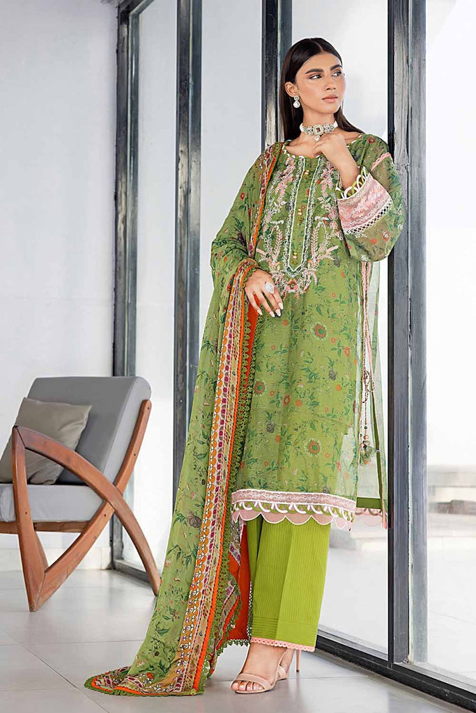 Gul Ahmed Pre-Fall 2023 – 3PC Embroidered Digital Printed Cotton Net Suit with Digital Printed Silk Dupatta with Lace SSM-32031