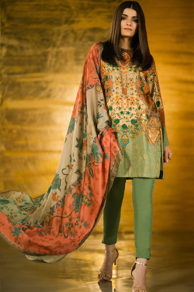 AlKaram Winter Collection 2019 – 3 Piece Printed Cotton Satin Suit with Fancy Dupatta – FW-31.1-19-Green