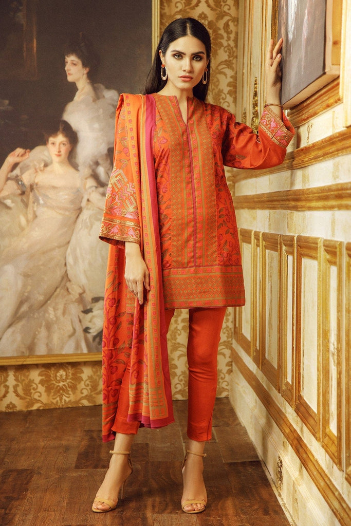 AlKaram Winter Collection 2019 – 3 Piece Embroidered Plain Viscose Suit with Plain Viscose Dupatta – FW-9.1-19-Orange