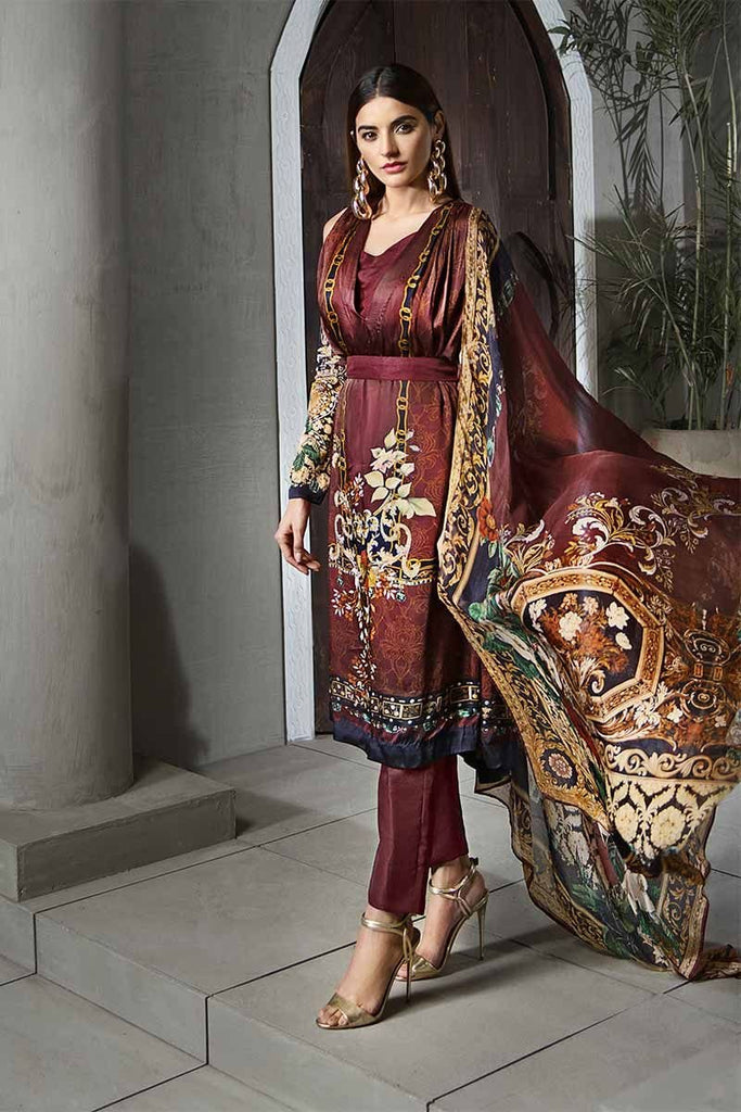 Gul Ahmed Lamis Digital Charmeuse Silk Collection 2018 – Maroon Mahogany Royale DGT-79