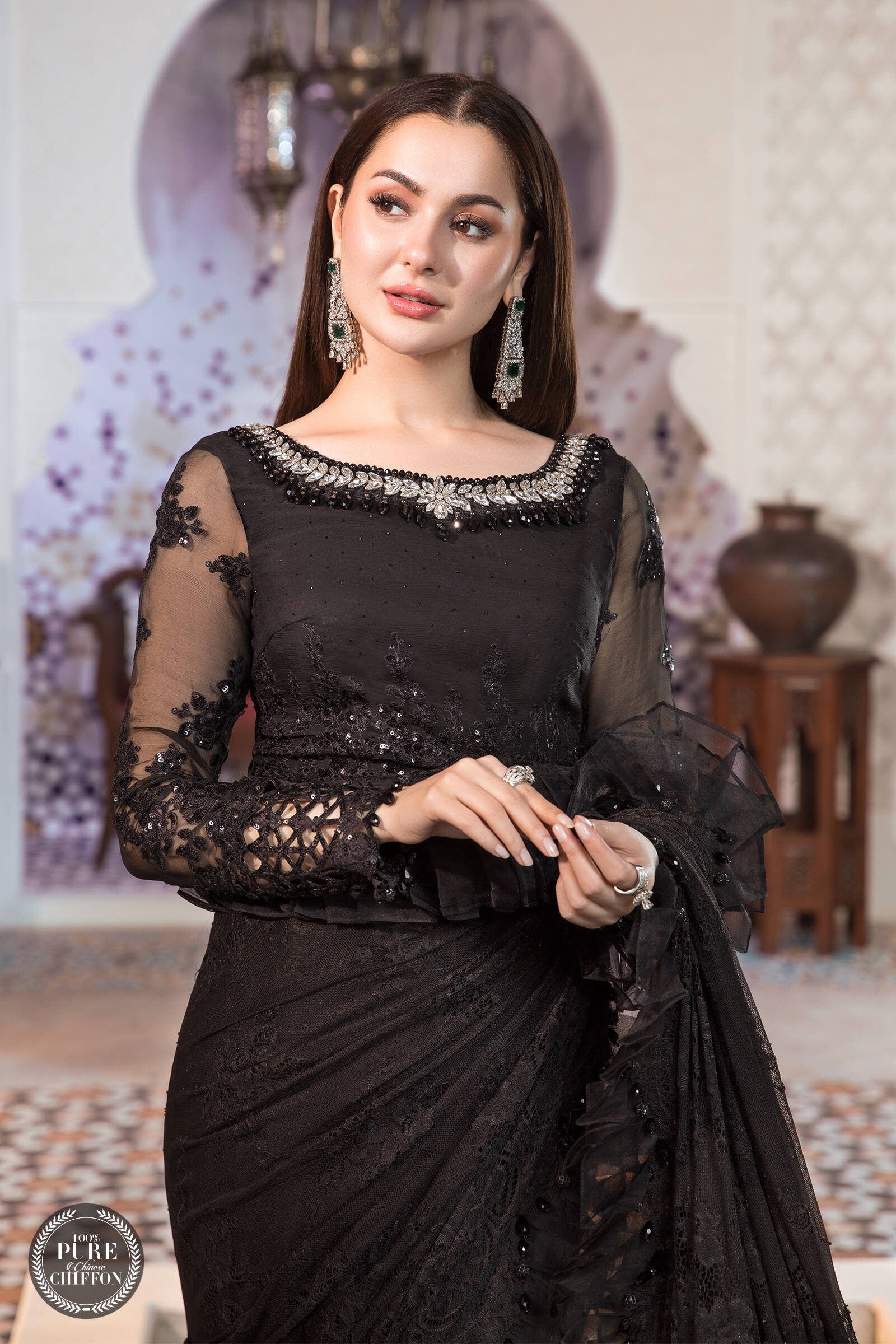 maria b black chiffon dress Maria.B Pakistani Luxury Embroidered Chiffon Dress