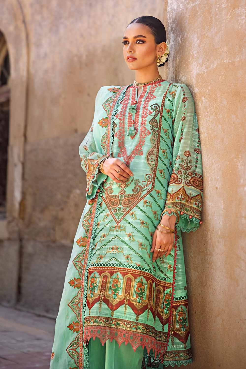 Gul Ahmed Festive – 3PC Embroidered Digital Printed Paper Cotton Sequins Suit with Embroidered Stripe Cotton Silk Dupatta FE-32028