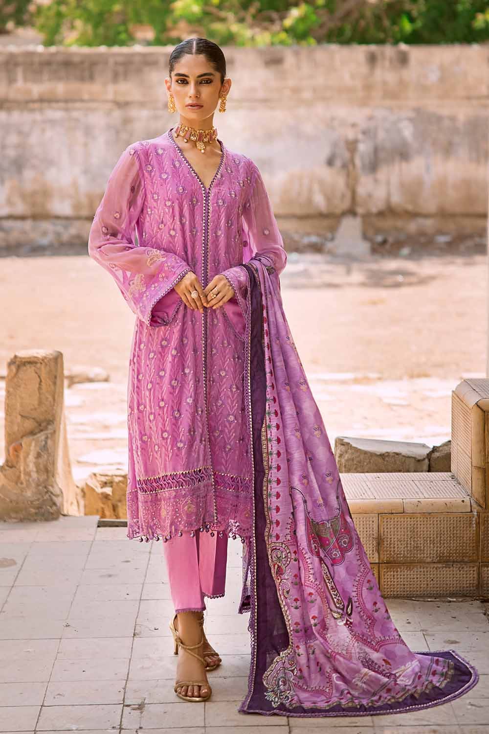 Gul Ahmed Festive – 3PC Embroidered Chiffon Suit with Digital Printed Paper Cotton Dupatta FE-32022