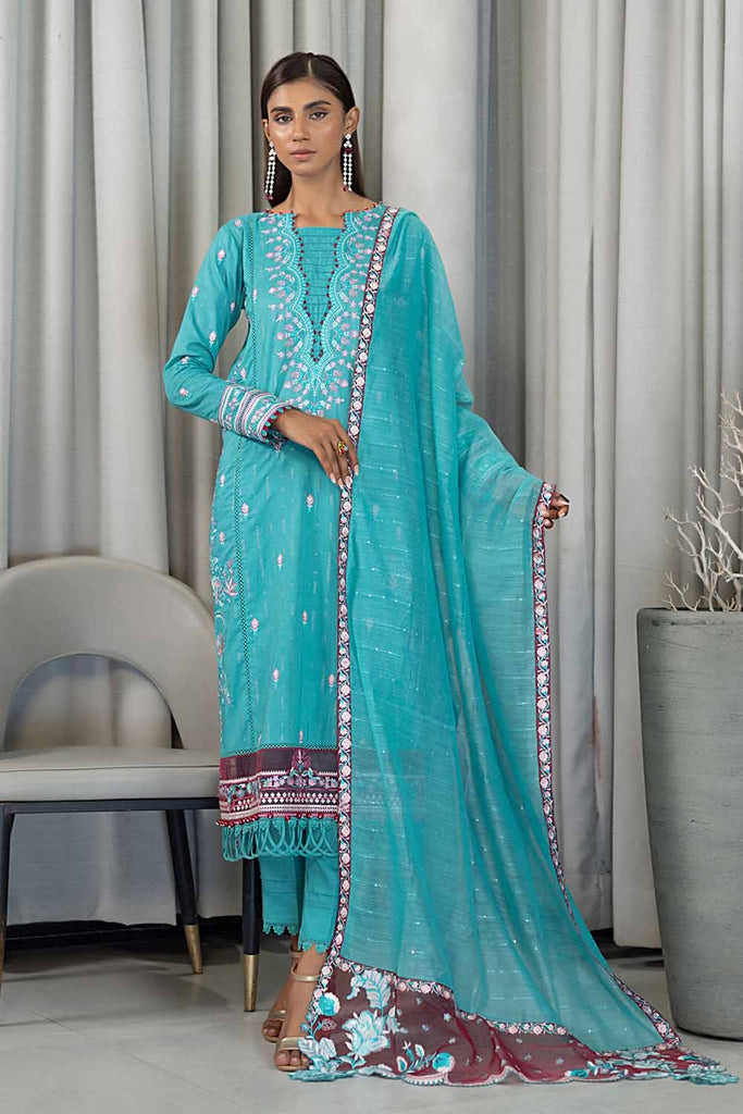 Gul Ahmed Pre-Fall 2023 – 3PC Embroidered Glitter Printed Cambric Suit with Sequins Dupatta PM-32073
