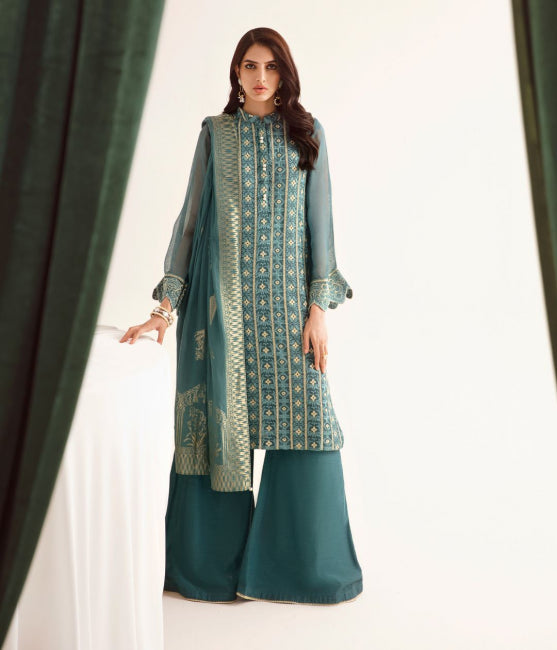 Zellbury Luxury Collection – Embroidered Shirt Shalwar Dupatta - Green - Khaddi Net Suit-0359 WULC23E30359