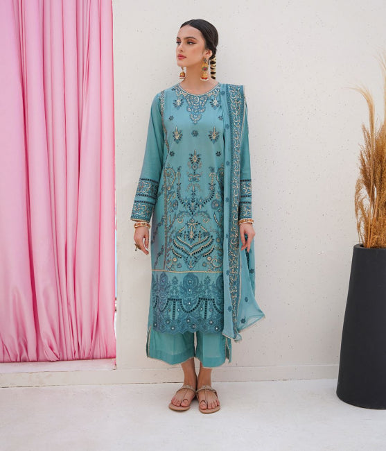 Zellbury Luxury Collection – Embroidered Shirt Shalwar Dupatta - Green - Lawn Suit WULC22E30366